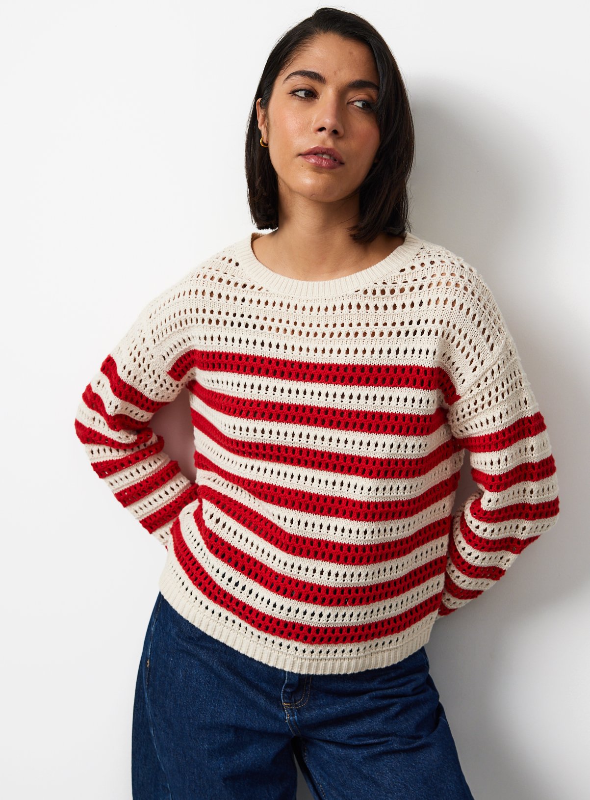 Red & White Stripe Airtex Cotton Crochet Knit Jumper L - Image 1 thumbnail